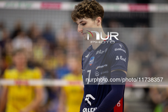 IGOR GROBELNY participates in a match of the PLUS Liga between Stal Nysa and ZAKSA Kedzierzyn Kozle in Nysa, Poland, on November 3, 2024. 