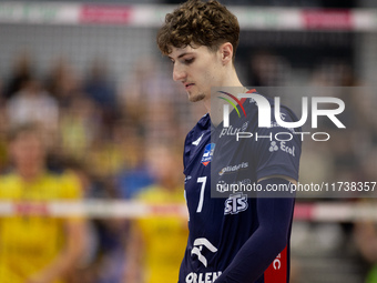 IGOR GROBELNY participates in a match of the PLUS Liga between Stal Nysa and ZAKSA Kedzierzyn Kozle in Nysa, Poland, on November 3, 2024. (