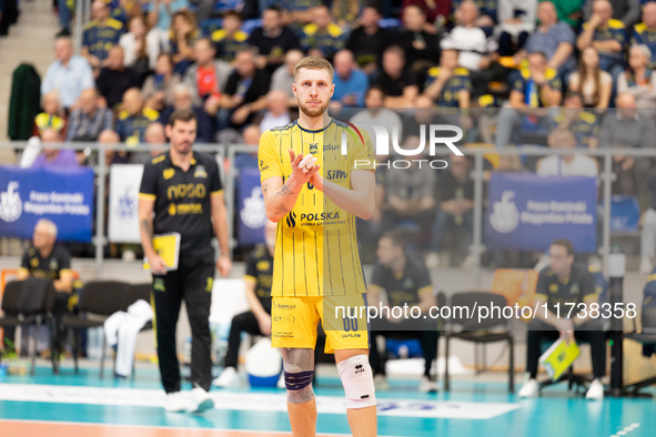 Kamil Kosiba participates in a match of the PLUS Liga between Stal Nysa and ZAKSA Kedzierzyn Kozle in Nysa, Poland, on November 3, 2024. 