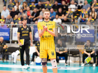 Kamil Kosiba participates in a match of the PLUS Liga between Stal Nysa and ZAKSA Kedzierzyn Kozle in Nysa, Poland, on November 3, 2024. (