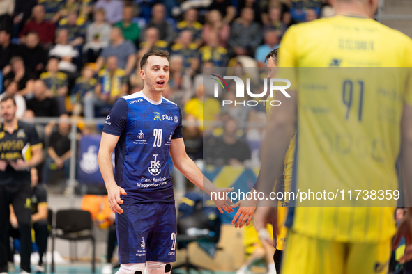 Kamil Szymura participates in a match of the Plus Liga between Stal Nysa and ZAKSA Kedzierzyn Kozle in Nysa, Poland, on November 3, 2024. 