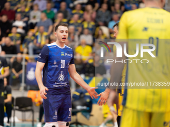 Kamil Szymura participates in a match of the Plus Liga between Stal Nysa and ZAKSA Kedzierzyn Kozle in Nysa, Poland, on November 3, 2024. (