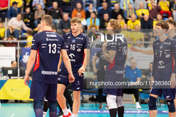 Mateusz Poreba and Mateusz Recko participate in a PLUS Liga match between Stal Nysa and ZAKSA Kedzierzyn Kozle in Nysa, Poland, on November...