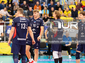 Mateusz Poreba and Mateusz Recko participate in a PLUS Liga match between Stal Nysa and ZAKSA Kedzierzyn Kozle in Nysa, Poland, on November...