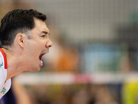 ERIK SHOJI participates in a match of the PLUS Liga between Stal Nysa and ZAKSA Kedzierzyn Kozle in Nysa, Poland, on November 3, 2024. (