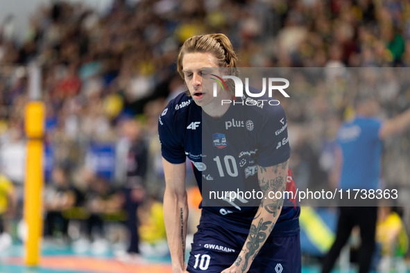 Mateusz Recko participates in a match of the PLUS Liga between Stal Nysa and ZAKSA Kedzierzyn Kozle in Nysa, Poland, on November 3, 2024. 