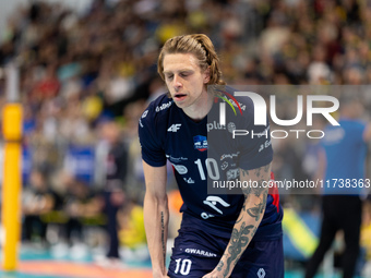 Mateusz Recko participates in a match of the PLUS Liga between Stal Nysa and ZAKSA Kedzierzyn Kozle in Nysa, Poland, on November 3, 2024. (