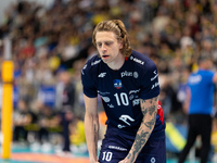 Mateusz Recko participates in a match of the PLUS Liga between Stal Nysa and ZAKSA Kedzierzyn Kozle in Nysa, Poland, on November 3, 2024. (