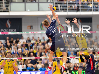 Mateusz Poreba participates in a match of the PLUS Liga between Stal Nysa and ZAKSA Kedzierzyn Kozle in Nysa, Poland, on November 3, 2024. (