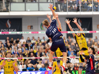 Mateusz Poreba participates in a match of the PLUS Liga between Stal Nysa and ZAKSA Kedzierzyn Kozle in Nysa, Poland, on November 3, 2024. (