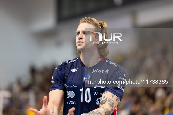 Mateusz Recko participates in a match of the PLUS Liga between Stal Nysa and ZAKSA Kedzierzyn Kozle in Nysa, Poland, on November 3, 2024. 