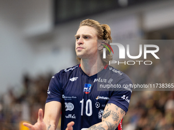 Mateusz Recko participates in a match of the PLUS Liga between Stal Nysa and ZAKSA Kedzierzyn Kozle in Nysa, Poland, on November 3, 2024. (