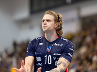 Mateusz Recko participates in a match of the PLUS Liga between Stal Nysa and ZAKSA Kedzierzyn Kozle in Nysa, Poland, on November 3, 2024. (