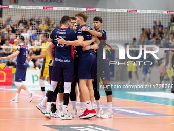 Mateusz Poreba participates in a match of the PLUS Liga between Stal Nysa and ZAKSA Kedzierzyn Kozle in Nysa, Poland, on November 3, 2024. (