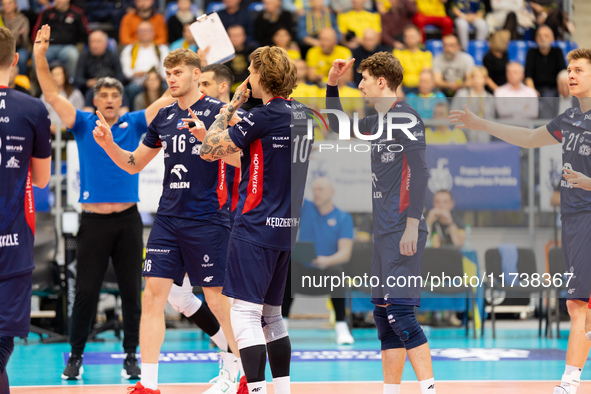 Mateusz Poreba and Igor Grobelny participate in a PLUS Liga match between Stal Nysa and ZAKSA Kedzierzyn Kozle in Nysa, Poland, on November...