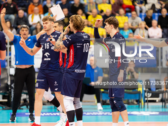 Mateusz Poreba and Igor Grobelny participate in a PLUS Liga match between Stal Nysa and ZAKSA Kedzierzyn Kozle in Nysa, Poland, on November...