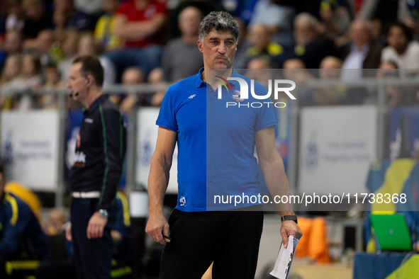 Andrea Giani participates in a match of the Plus Liga between Stal Nysa and ZAKSA Kedzierzyn Kozle in Nysa, Poland, on November 3, 2024. 