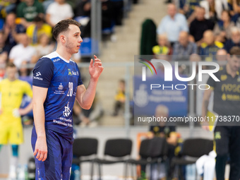 Kamil Szymura participates in a match of the Plus Liga between Stal Nysa and ZAKSA Kedzierzyn Kozle in Nysa, Poland, on November 3, 2024. (