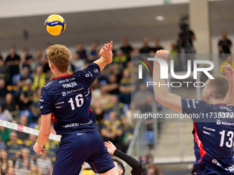 Mateusz Poreba participates in a match of the PLUS Liga between Stal Nysa and ZAKSA Kedzierzyn Kozle in Nysa, Poland, on November 3, 2024. (