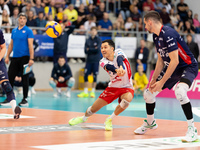 ERIK SHOJI participates in a match of the PLUS Liga between Stal Nysa and ZAKSA Kedzierzyn Kozle in Nysa, Poland, on November 3, 2024. (