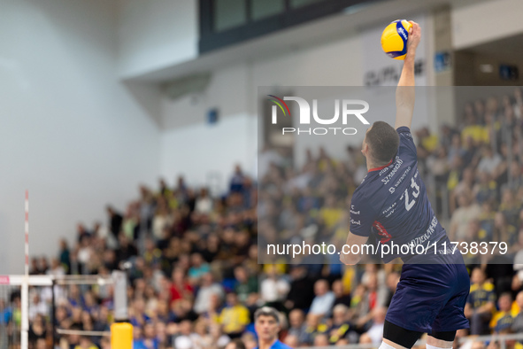 Jakub Szymanski participates in a match of the Plus Liga between Stal Nysa and ZAKSA Kedzierzyn Kozle in Nysa, Poland, on November 3, 2024. 