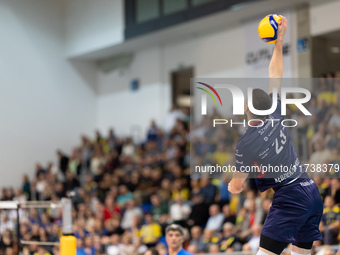 Jakub Szymanski participates in a match of the Plus Liga between Stal Nysa and ZAKSA Kedzierzyn Kozle in Nysa, Poland, on November 3, 2024....