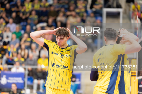 Dawid Dulski participates in a match of the Plus Liga between Stal Nysa and ZAKSA Kedzierzyn Kozle in Nysa, Poland, on November 3, 2024. 