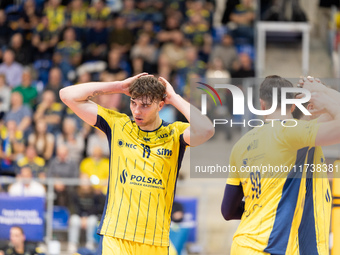 Dawid Dulski participates in a match of the Plus Liga between Stal Nysa and ZAKSA Kedzierzyn Kozle in Nysa, Poland, on November 3, 2024. (