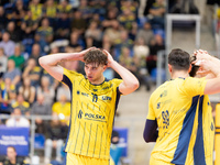 Dawid Dulski participates in a match of the Plus Liga between Stal Nysa and ZAKSA Kedzierzyn Kozle in Nysa, Poland, on November 3, 2024. (