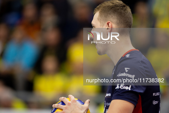 Rafal Szymura participates in a match of the Plus Liga between Stal Nysa and ZAKSA Kedzierzyn Kozle in Nysa, Poland, on November 3, 2024. 