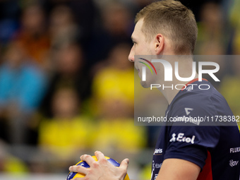 Rafal Szymura participates in a match of the Plus Liga between Stal Nysa and ZAKSA Kedzierzyn Kozle in Nysa, Poland, on November 3, 2024. (