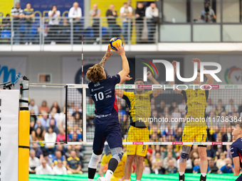 Mateusz Recko participates in a match of the PLUS Liga between Stal Nysa and ZAKSA Kedzierzyn Kozle in Nysa, Poland, on November 3, 2024. (