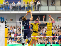 Mateusz Recko participates in a match of the PLUS Liga between Stal Nysa and ZAKSA Kedzierzyn Kozle in Nysa, Poland, on November 3, 2024. (