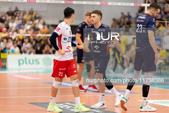 Kajetan Kubicki and Jakub Szymanski play during a PLUS Liga match between Stal Nysa and ZAKSA Kedzierzyn Kozle in Nysa, Poland, on November...