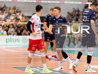 Kajetan Kubicki and Jakub Szymanski play during a PLUS Liga match between Stal Nysa and ZAKSA Kedzierzyn Kozle in Nysa, Poland, on November...