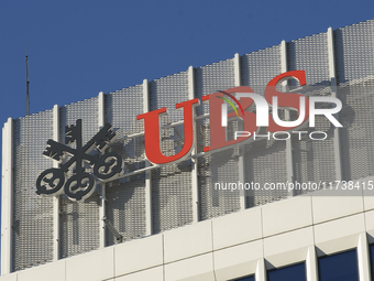 A logo of Swiss bank UBS (Union Bank of Switzerland) is pictured in Warsaw, Poland, on November 3, 2024. (