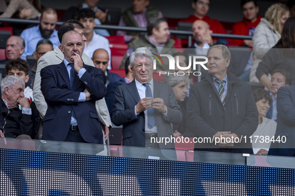 Enrique Cerezo, president of Atletico de Madrid, is seen in the stands during the La Liga EA Sports 2024/25 football match between Atletico...