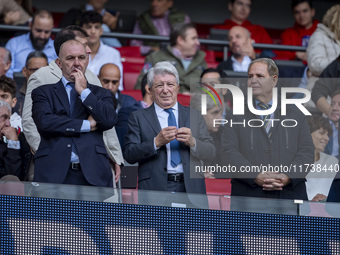 Enrique Cerezo, president of Atletico de Madrid, is seen in the stands during the La Liga EA Sports 2024/25 football match between Atletico...