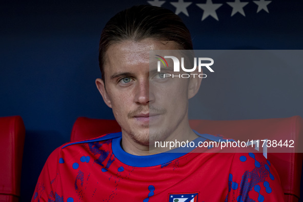 Conor Gallagher of Atletico de Madrid sits on the bench during the La Liga EA Sports 2024/25 football match between Atletico de Madrid and U...