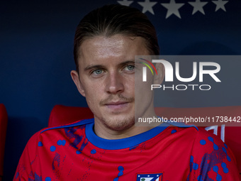 Conor Gallagher of Atletico de Madrid sits on the bench during the La Liga EA Sports 2024/25 football match between Atletico de Madrid and U...