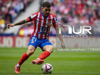 Javi Galan of Atletico de Madrid is in action with the ball during the La Liga EA Sports 2024/25 football match between Atletico de Madrid a...