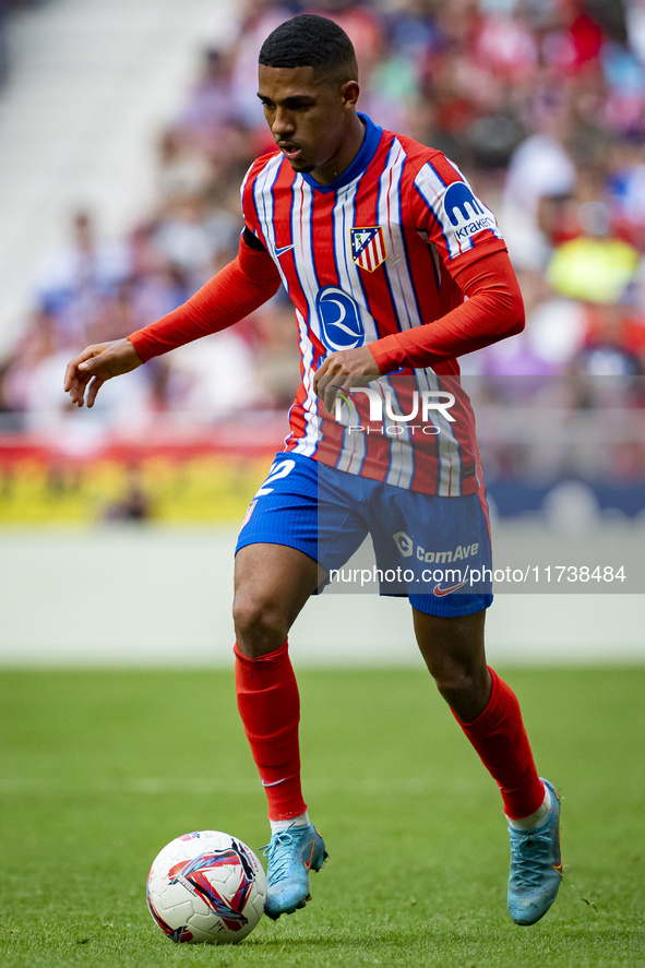 Samuel Lino of Atletico de Madrid is in action with the ball during the La Liga EA Sports 2024/25 football match between Atletico de Madrid...