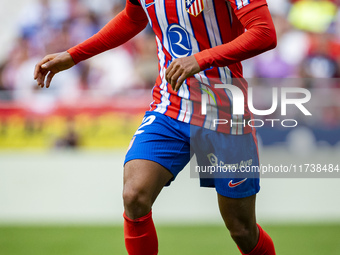 Samuel Lino of Atletico de Madrid is in action with the ball during the La Liga EA Sports 2024/25 football match between Atletico de Madrid...