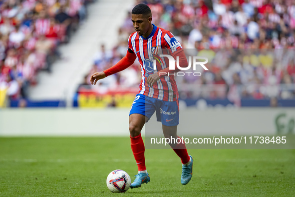 Samuel Lino of Atletico de Madrid is in action with the ball during the La Liga EA Sports 2024/25 football match between Atletico de Madrid...