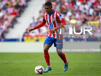 Samuel Lino of Atletico de Madrid is in action with the ball during the La Liga EA Sports 2024/25 football match between Atletico de Madrid...