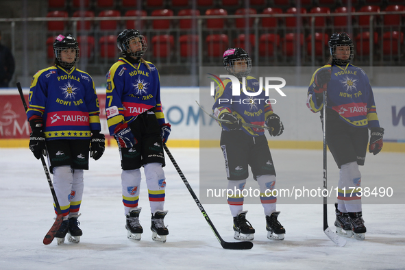 The MMKS Podhale Nowy Targ team plays against KS Cracovia 1906 at the Adam 'Roch' Kowalski ice rink in Krakow, Poland, on November 3, 2024,...