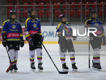 The MMKS Podhale Nowy Targ team plays against KS Cracovia 1906 at the Adam 'Roch' Kowalski ice rink in Krakow, Poland, on November 3, 2024,...