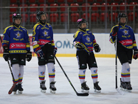 The MMKS Podhale Nowy Targ team plays against KS Cracovia 1906 at the Adam 'Roch' Kowalski ice rink in Krakow, Poland, on November 3, 2024,...