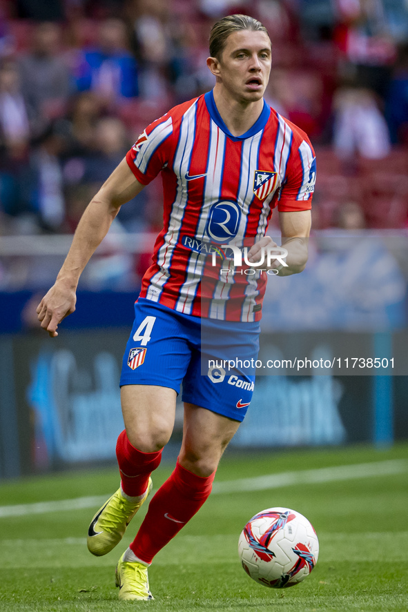 Conor Gallagher of Atletico de Madrid is in action with the ball during the La Liga EA Sports 2024/25 football match between Atletico de Mad...