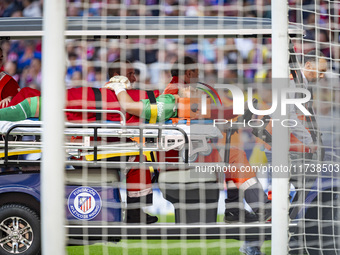 Jacobus Cillessen of UD Las Palmas leaves the field with a serious injury during the La Liga EA Sports 2024/25 football match between Atleti...